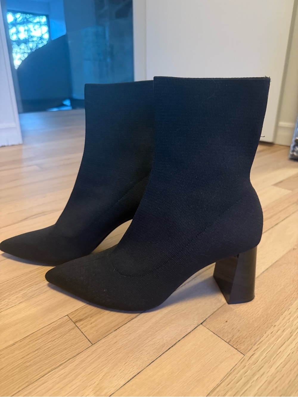Zara Black Pointed Sock Ankle Boots with Block Heel
